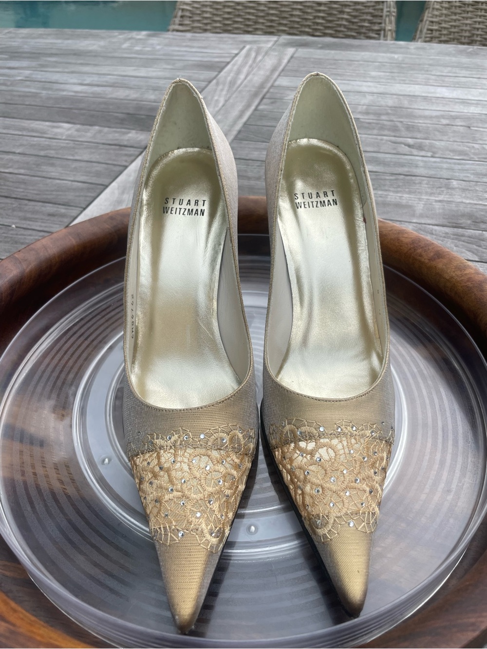 Stuart Weitzman Gold Lace-Embellished Pointed-Toe Pumps
